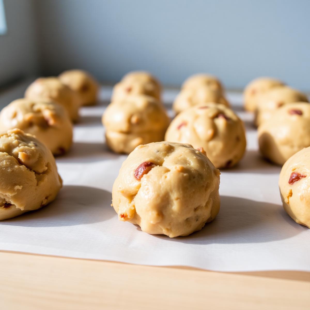 Frozen cookie dough balls on parchment paper